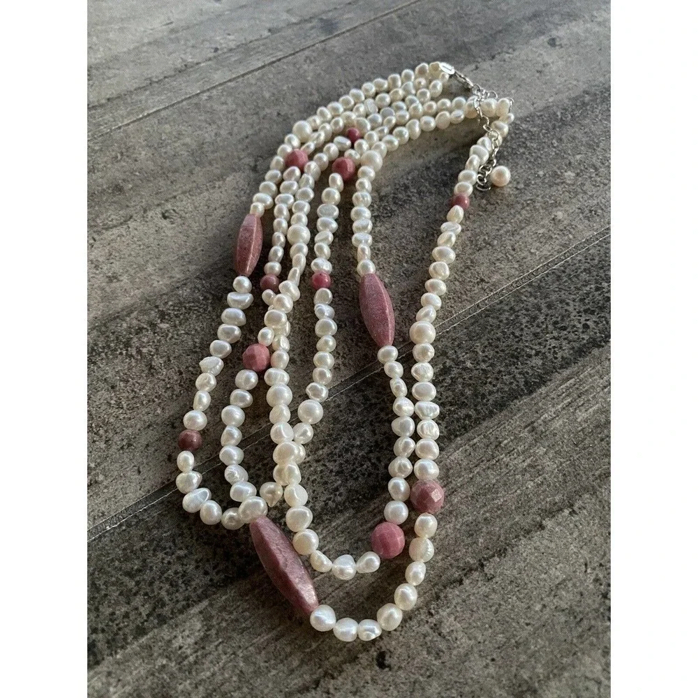Necklace Pearls Rhodonite Three Strands 17”+3” 925 Findings Artisan